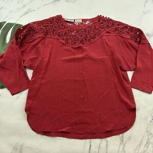 Adrienne Womens Vintage 80s Embroidered Blouse Top Size L Red Floral Cut Outs
